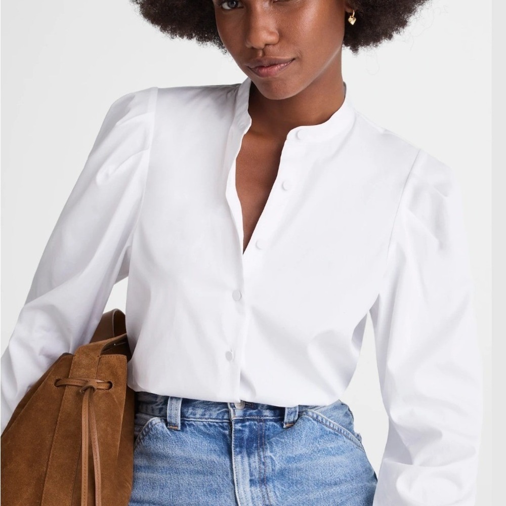 Madewell Puff Sleeve Button Down Band Collar Shirt White Cotton Poplin Blouse S
